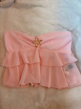 SHEIN Pink Strapless Ruffle Crop Top with Gold Starfish Accent